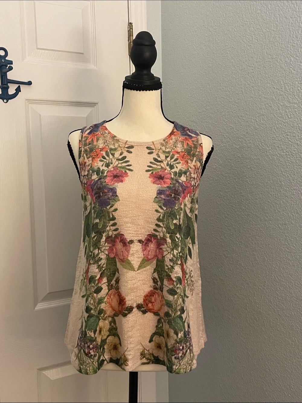 Ginger G Floral Sleeveless Knit Tank Top - Cream/Multicolor Size M